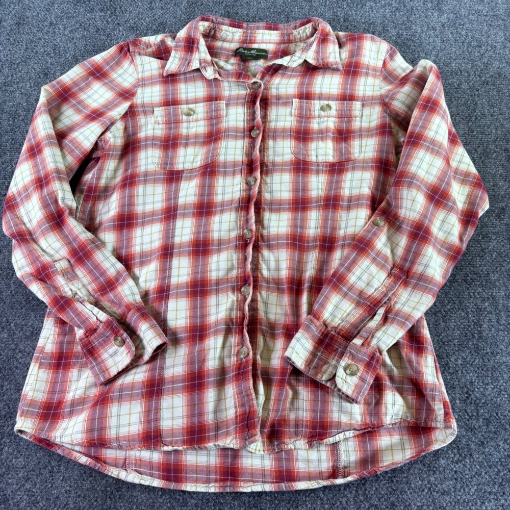 Eddie Bauer Button Up Shirt Womens Med Red Orange Plaid Cotton Roll Tab Sleeve